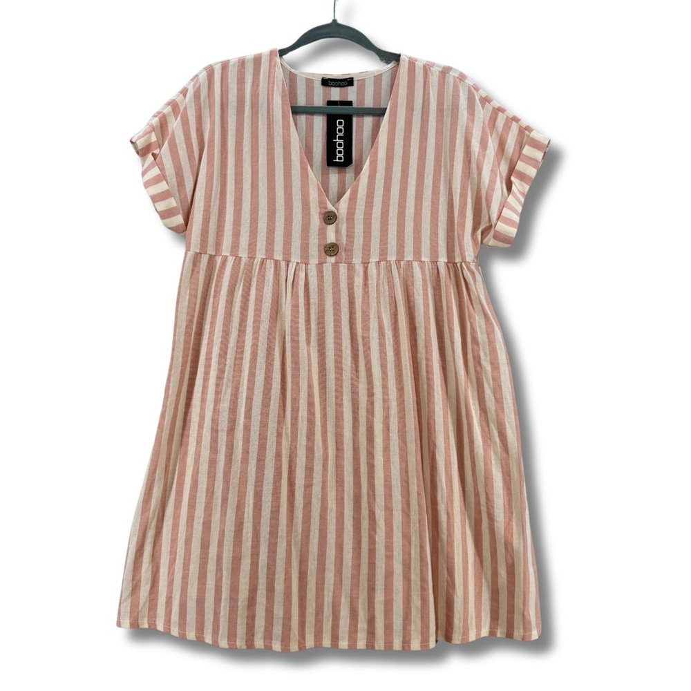NWT Boohoo Womens Pink & Cream Linen Look Dress Made In Italy Size 12 New w tags